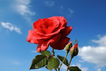 Red rose against blue sky. Generative AI