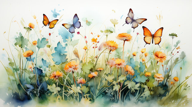 A watercolor painting of a field of flowers and butterflies flying over it, with a white background and a blue sky.