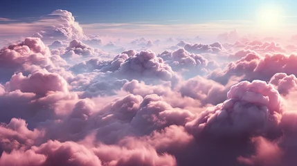 Foto op Plexiglas Experience the breathtaking view of pink clouds from the plane's window. Enjoy a unique and dreamy scenery during your flight © YULIA