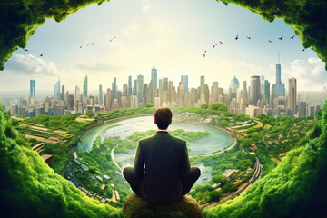 person looks at a utopia with green ecological landscape - obrazy, fototapety, plakaty