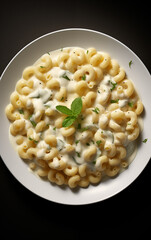 White sauce macaroni Indian style in a white plate, top view fine dining restaurant