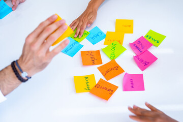 Adhesive notes with ideas in a table of a coworking