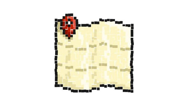 Animated Pixel icon. Map with checkpoint mark. Navigation on paper map using GPS system. Simple retro game looped video isolated on white