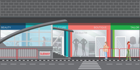 Subway station on the city business district background.