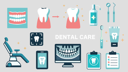 Dental care flat icons set. Dentist equipment. Vector illustration