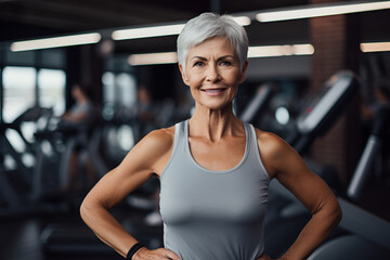 Fototapeta premium Motivated senior woman working out in the gym, looking confidently at the camera