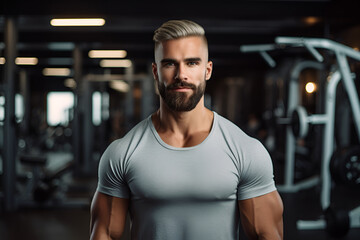 Fototapeta premium A motivated man working out in the gym, looking confidently at the camera