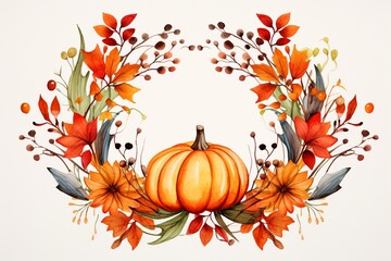 Naklejka premium Thanksgiving Harvest Delight: Festive Wreath with Leaves and Pumpkins - Watercolor Style