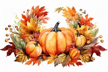 Thanksgiving Harvest Delight: Festive Wreath with Leaves and Pumpkins - Watercolor Style