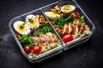 Protein-Packed Healthy Lunch: Chicken, Quinoa, Herbed Chickpeas, Vegetables, and Eggs Meal Prep