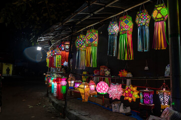 Mumbai , India - 7 November 2023, Kandil paper lanterns are hung for sale during Diwali festival at malad west Mumbai India