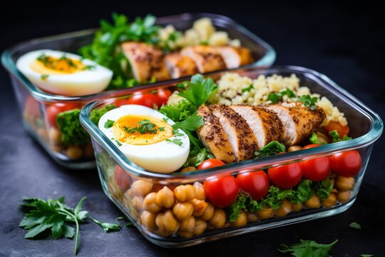 Protein-Packed Healthy Lunch: Chicken, Quinoa, Herbed Chickpeas, Vegetables, and Eggs Meal Prep