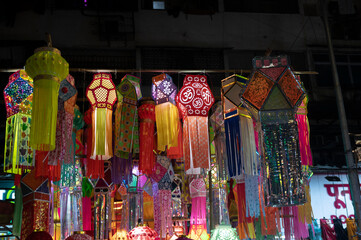 Mumbai , India - 7 November 2023, Kandil paper lanterns are hung for sale during Diwali festival at...