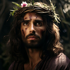 A depiction of Jesus with a crown of thorns in a photorealistic portraiture style with layered portraits and colorful representation.