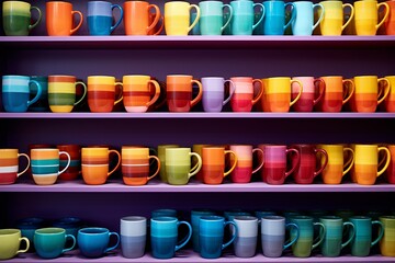 Vibrant Spectrum: Neatly Stacked Rainbow Cups, Mugs, and Plates on Shelves