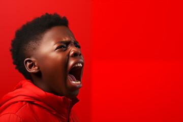 black child boy screams on red isolated background - obrazy, fototapety, plakaty