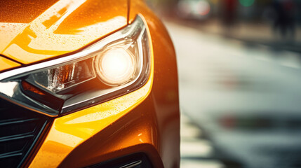Headlight, vehicle and car for dealership salon, car sales and service repair in city streets at night. Close-up, lights and bokeh of modern and sleek automobile for ownership, competition or mechani