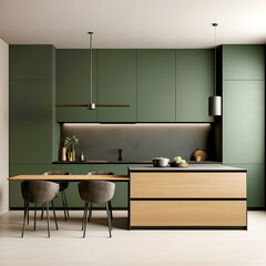 Modern interior design of minimalist green kitchen with island, dining table and grey chairs.