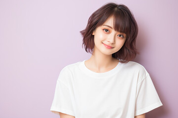 Fototapeta premium a woman with a white shirt and a pink background