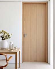 Close up of wooden dining table and chair near wooden door. Minimalist scandinavian home interior design of modern living room.