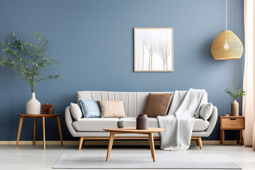 Round coffee table, side cabinet near grey sofa against blue wall. Scandinavian home interior design of modern living room.