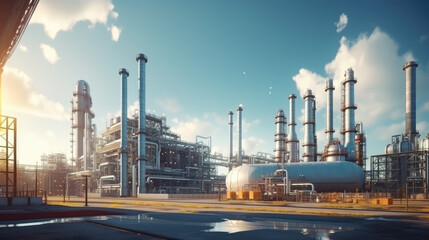 Obraz premium Petrochemical Industry: Pipeline Transport, Gas and Oil Processing in a Furnace Factory