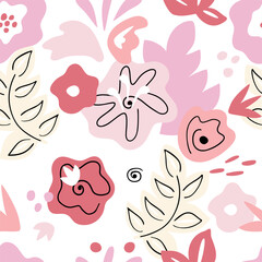 Abstract seamless background with natural shapes, leaves and flowers. Abstract modern floral collage illustration. Greeting card template, wall art, fabric, packaging