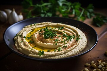 Savory Delight: Roasted Garlic Hummus with Olive Oil Drizzle