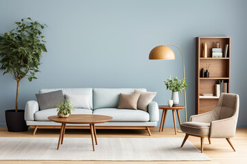 Beige armchair near sofa. Book shelf and floor lamp against blue wall. Scandinavian home interior design of modern living room.