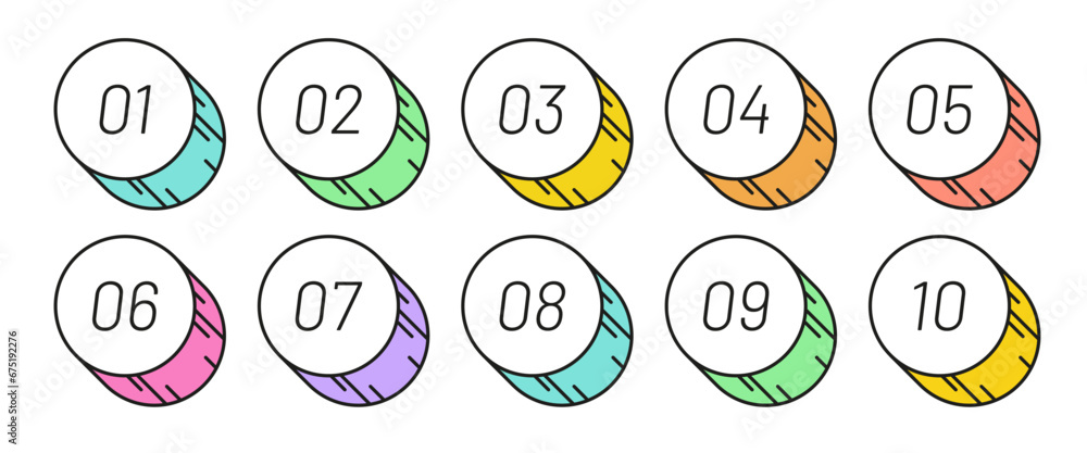 Poster number bullet points 1 to 10 in trendy cartoon style. simple colorful cute retro shapes with numbers