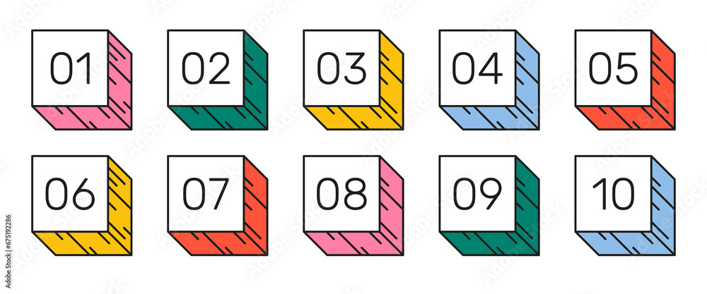 Poster number bullet points 1 to 10 in trendy cartoon style. simple colorful cute retro shapes with numbers