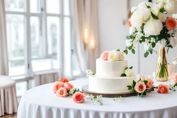 Fototapeta na wymiar White wedding cake decorated with icing