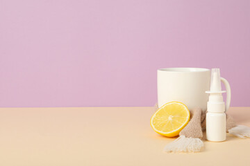 White cup of tea with lemon and medicine