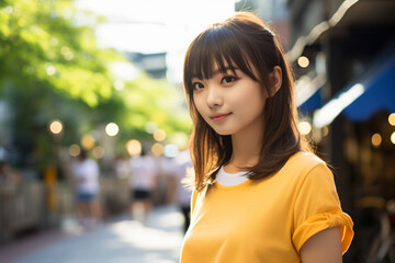 a woman in a yellow shirt is standing on a street