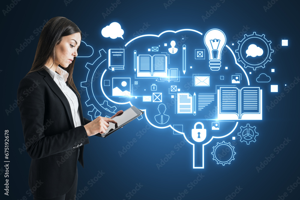 Poster attractive young european businesswoman using tablet with glowing brain outline and books hologram o