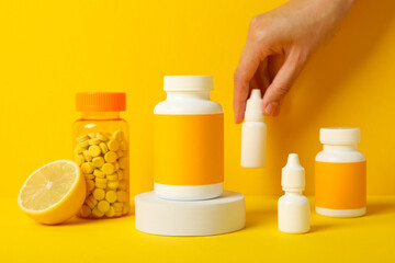 Bottles with medicines. Concept of winter medicines