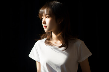 a woman in a white shirt is looking away