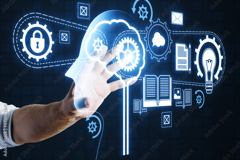 Poster close up of businessman hand using joint search for ideas hologram, abstract person's head, filled w