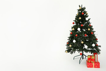 Decorated Christmas tree with gifts on a white background