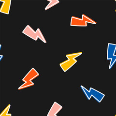 Seamless pattern with colorful lightning bolt and black background
