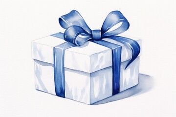 Obraz premium White Gift Box with Blue Ribbon - Watercolor Style