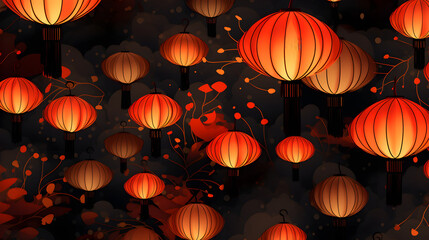 Chinese lanterns on a background of fairy lights and fans