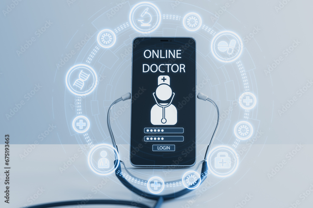 Poster close up of smartphone with abstract medical hologram, doctor with stethoscope and other icons on li