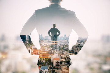 Back view of young european man standing on abstract city background. Success, future and ceo...