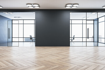 Modern gallery interior with empty mock up place on black wall , windows with city view, reflections on wooden parquet flooring and daylight. 3D Rendering.