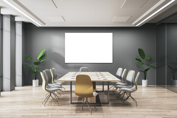 Luxury conference room interior with empty white mock up banner, furniture and plants. 3D Rendering.