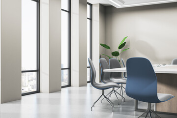 Fototapeta na wymiar Modern meeting room interior with panoramic window and city view, furniture and plants. 3D Rendering.