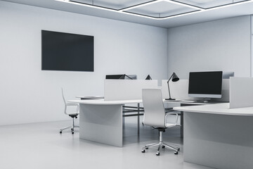 Modern concrete coworking office interior with empty black screen and furniture. 3D Rendering.