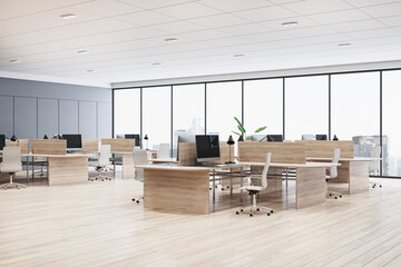 New coworking office interior with panoramic windows and city view, daylight, wooden flooring, furniture and decorative plant. 3D Rendering.