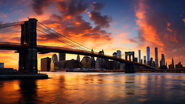 Fototapeta New York City sunset over manhattan and brooklyn